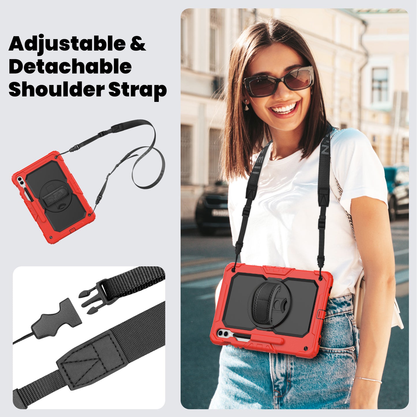 For Samsung Galaxy Tab S9 FE+ SM-X610 SM-X616B Tablet Cover PC+Silicone Case with PET Screen Protector and Kickstand - Black+Red