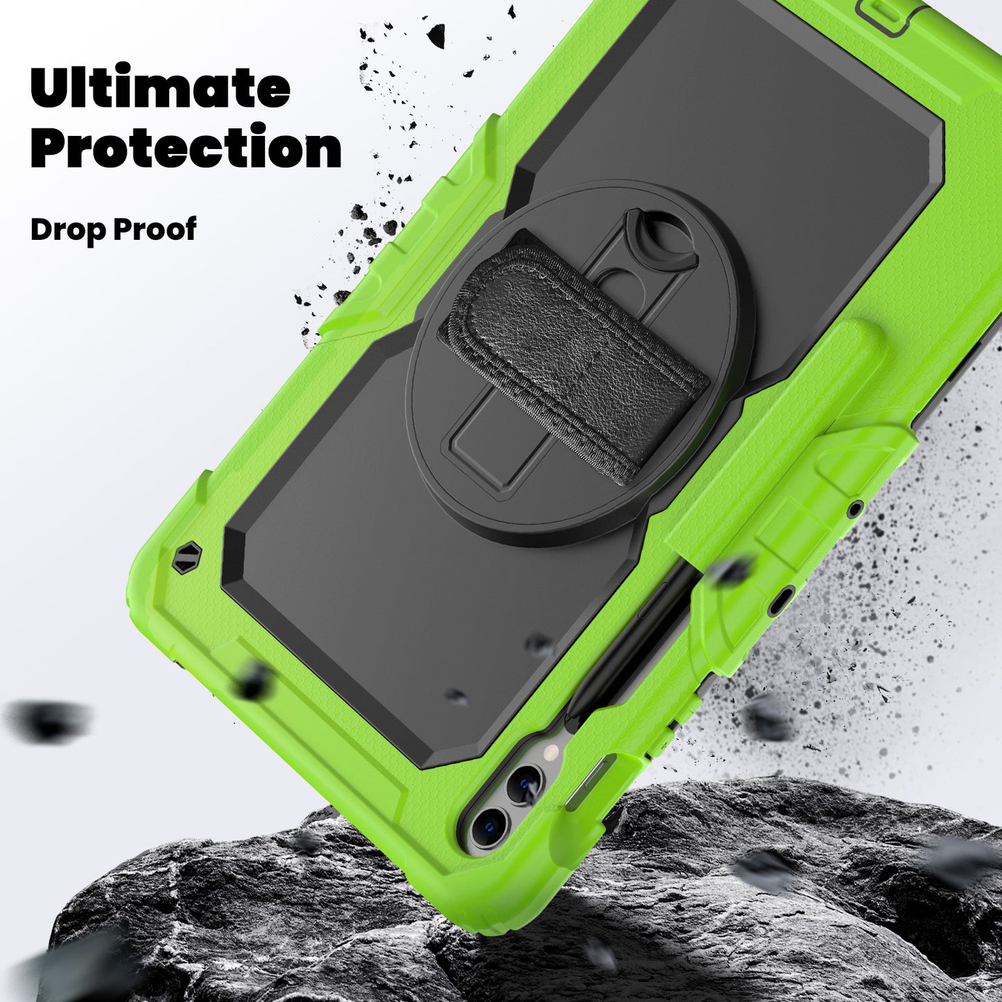 For Samsung Galaxy Tab S9 FE+ SM-X610 SM-X616B Tablet Cover PC+Silicone Case with PET Screen Protector and Kickstand - Black+Yellow-green