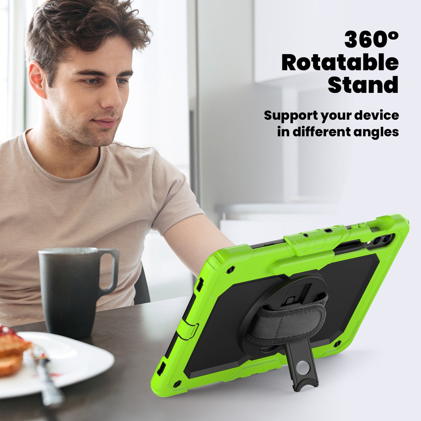 For Samsung Galaxy Tab S9 FE+ SM-X610 SM-X616B Tablet Cover PC+Silicone Case with PET Screen Protector and Kickstand - Black+Yellow-green