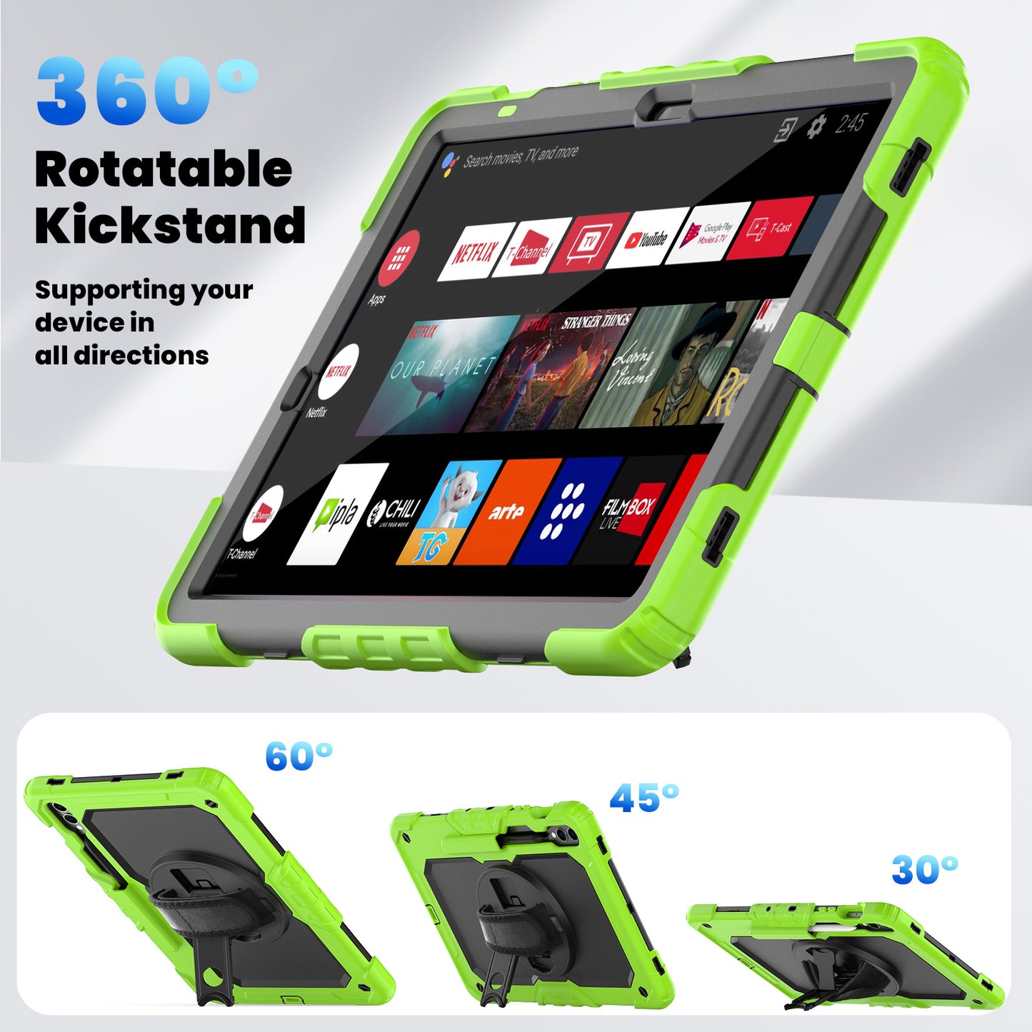 For Samsung Galaxy Tab S9 FE+ SM-X610 SM-X616B Tablet Cover PC+Silicone Case with PET Screen Protector and Kickstand - Black+Yellow-green