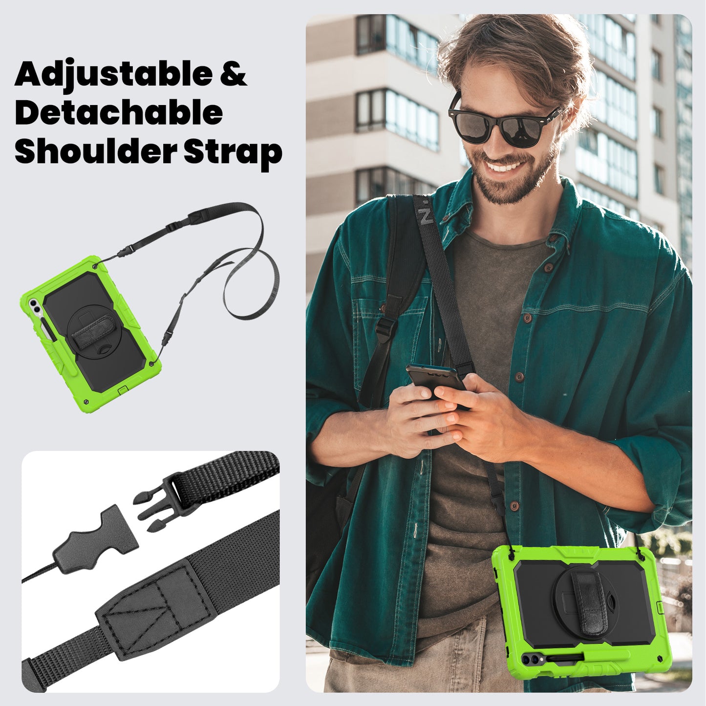 For Samsung Galaxy Tab S9 FE+ SM-X610 SM-X616B Tablet Cover PC+Silicone Case with PET Screen Protector and Kickstand - Black+Yellow-green