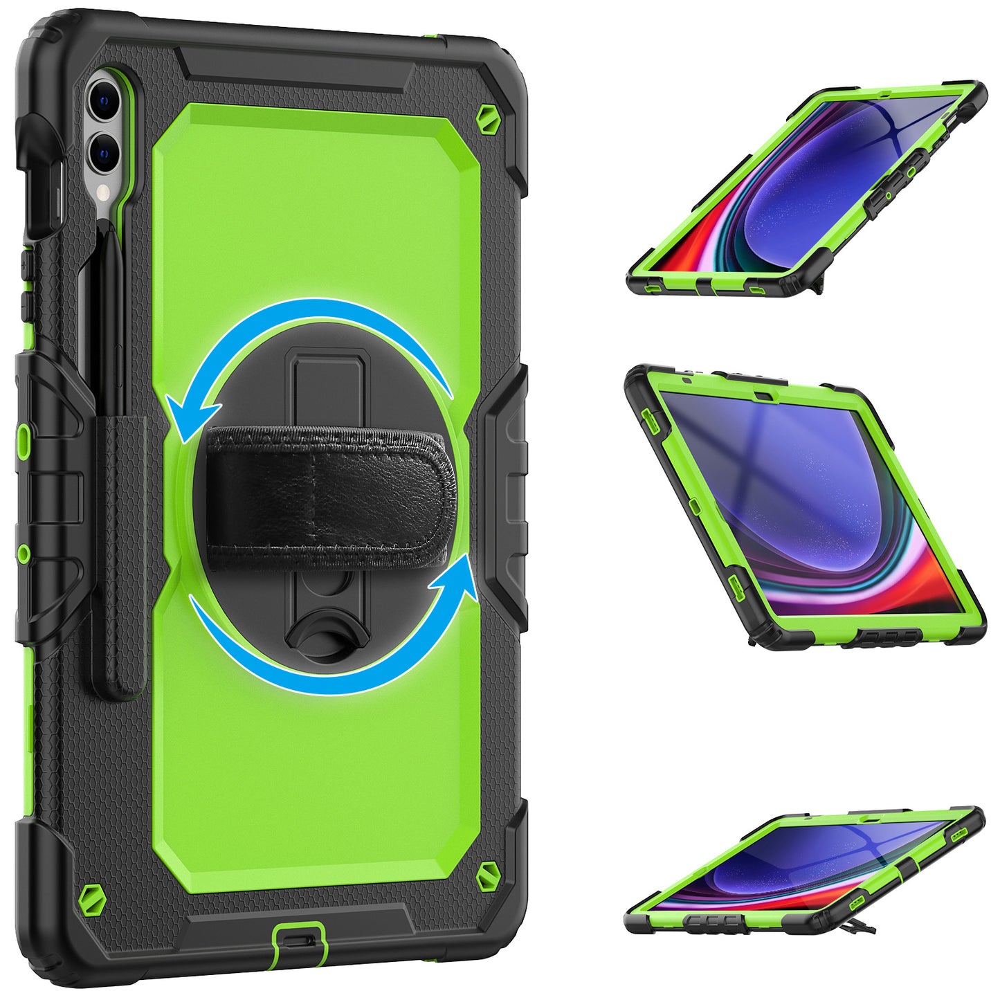 For Samsung Galaxy Tab S9 FE+ SM-X610 SM-X616B Tablet Cover PC+Silicone Case with PET Screen Protector and Kickstand - Yellow-green+Black