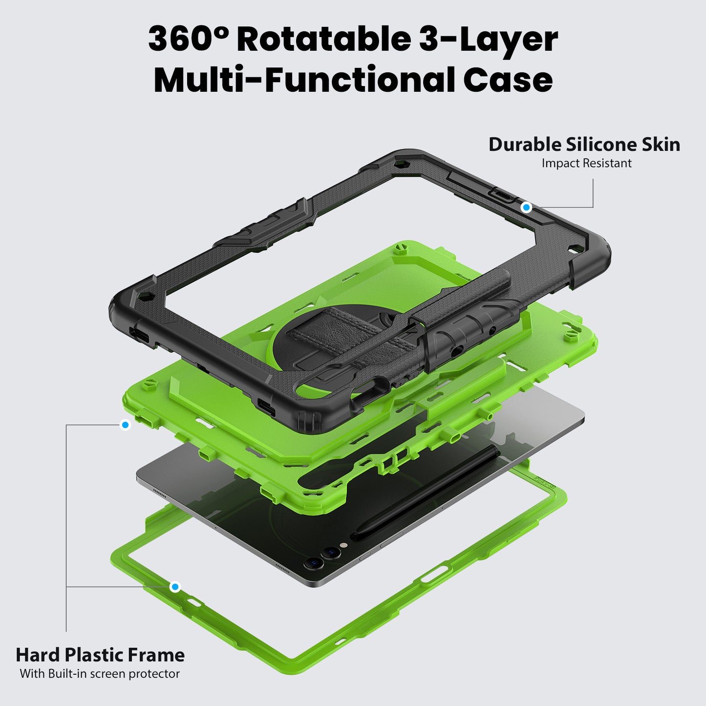 For Samsung Galaxy Tab S9 FE+ SM-X610 SM-X616B Tablet Cover PC+Silicone Case with PET Screen Protector and Kickstand - Yellow-green+Black
