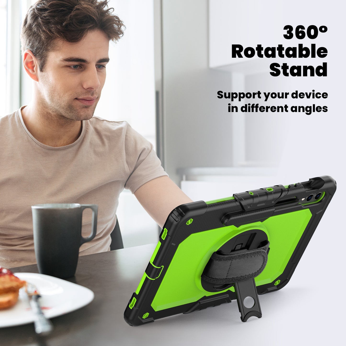 For Samsung Galaxy Tab S9 FE+ SM-X610 SM-X616B Tablet Cover PC+Silicone Case with PET Screen Protector and Kickstand - Yellow-green+Black