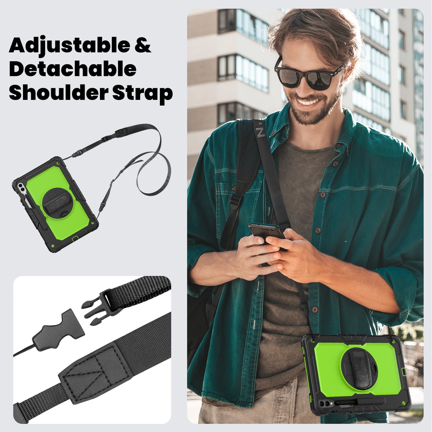 For Samsung Galaxy Tab S9 FE+ SM-X610 SM-X616B Tablet Cover PC+Silicone Case with PET Screen Protector and Kickstand - Yellow-green+Black