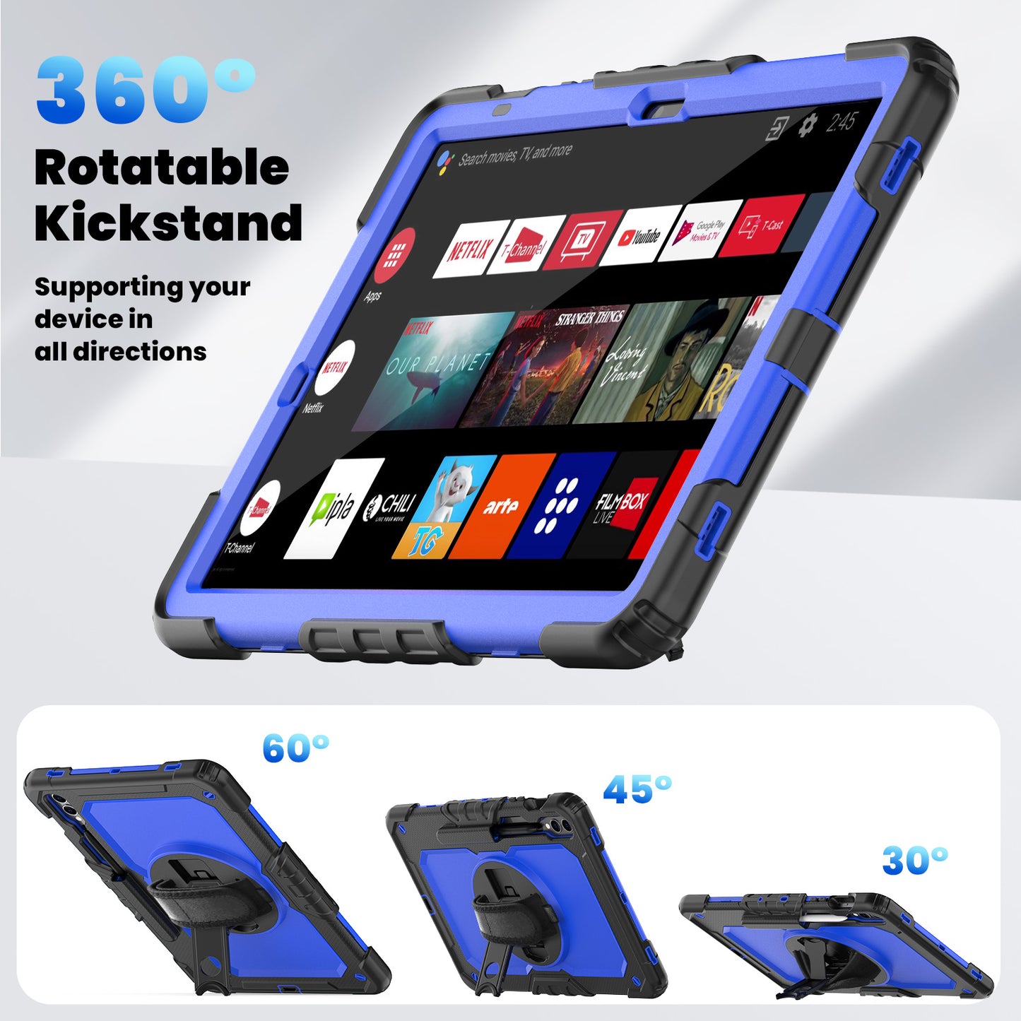 For Samsung Galaxy Tab S9 FE+ SM-X610 SM-X616B Tablet Cover PC+Silicone Case with PET Screen Protector and Kickstand -  Dark Blue+Black