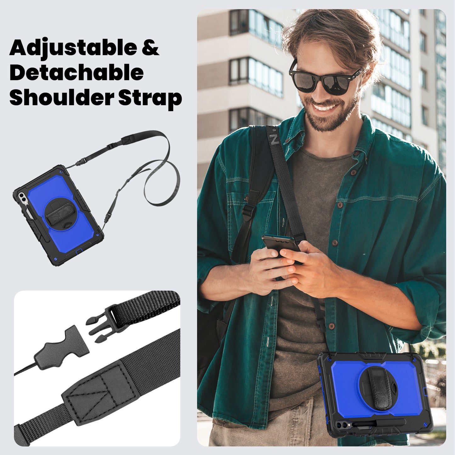 For Samsung Galaxy Tab S9 FE+ SM-X610 SM-X616B Tablet Cover PC+Silicone Case with PET Screen Protector and Kickstand -  Dark Blue+Black