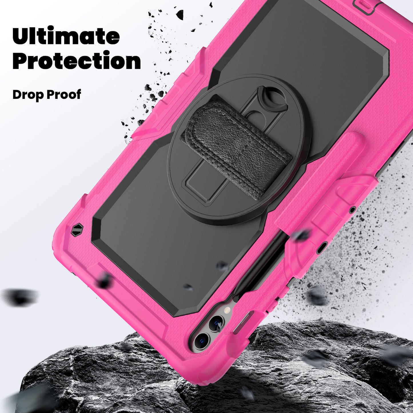 For Samsung Galaxy Tab S9 FE+ SM-X610 SM-X616B Tablet Cover PC+Silicone Case with PET Screen Protector and Kickstand - Black+Rose