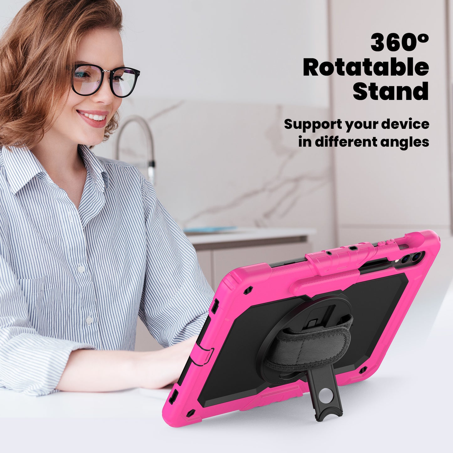 For Samsung Galaxy Tab S9 FE+ SM-X610 SM-X616B Tablet Cover PC+Silicone Case with PET Screen Protector and Kickstand - Black+Rose