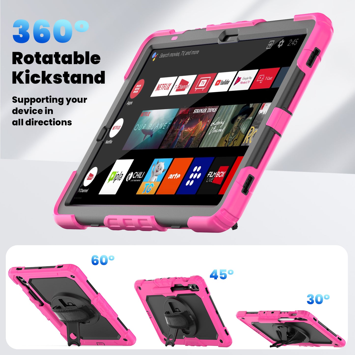 For Samsung Galaxy Tab S9 FE+ SM-X610 SM-X616B Tablet Cover PC+Silicone Case with PET Screen Protector and Kickstand - Black+Rose