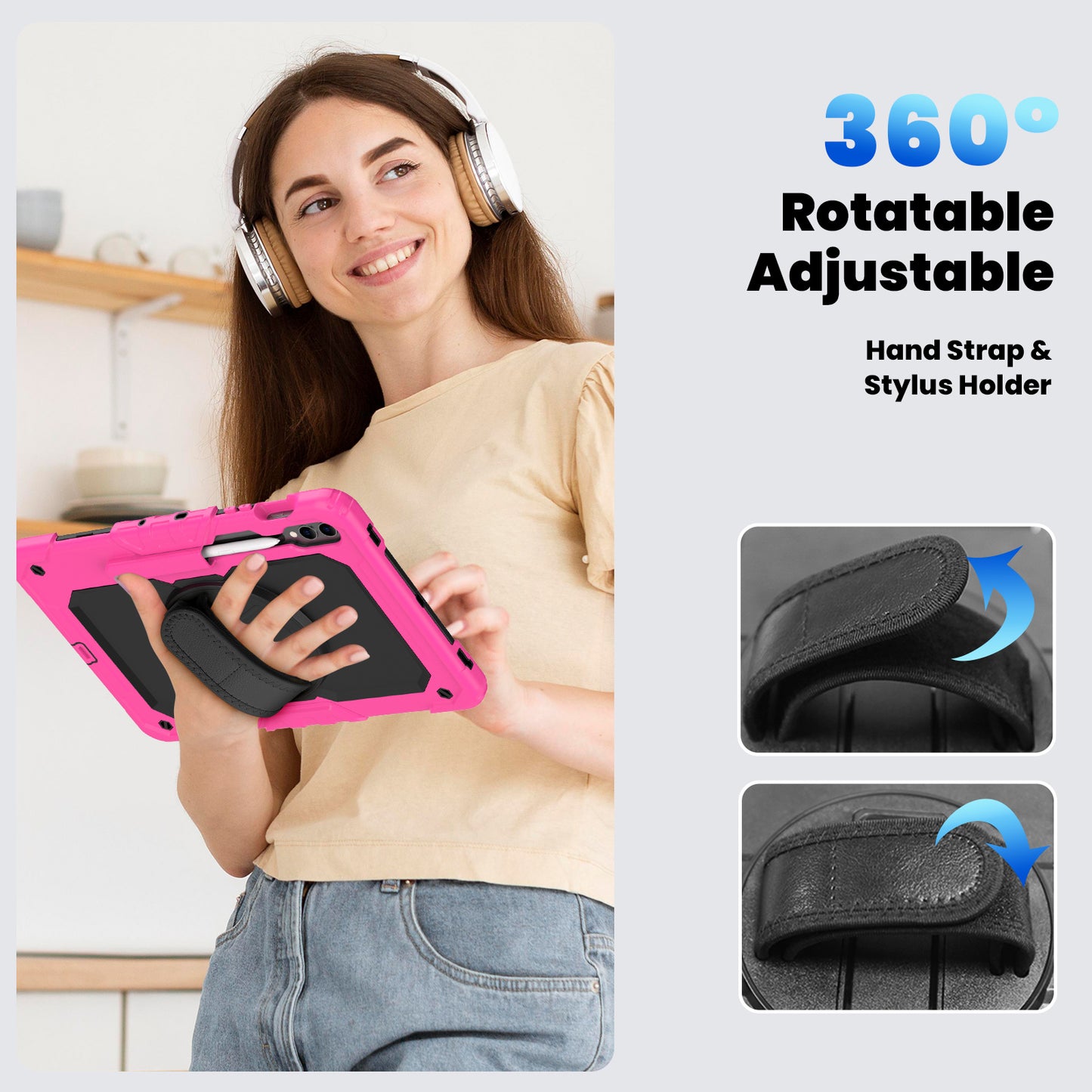 For Samsung Galaxy Tab S9 FE+ SM-X610 SM-X616B Tablet Cover PC+Silicone Case with PET Screen Protector and Kickstand - Black+Rose