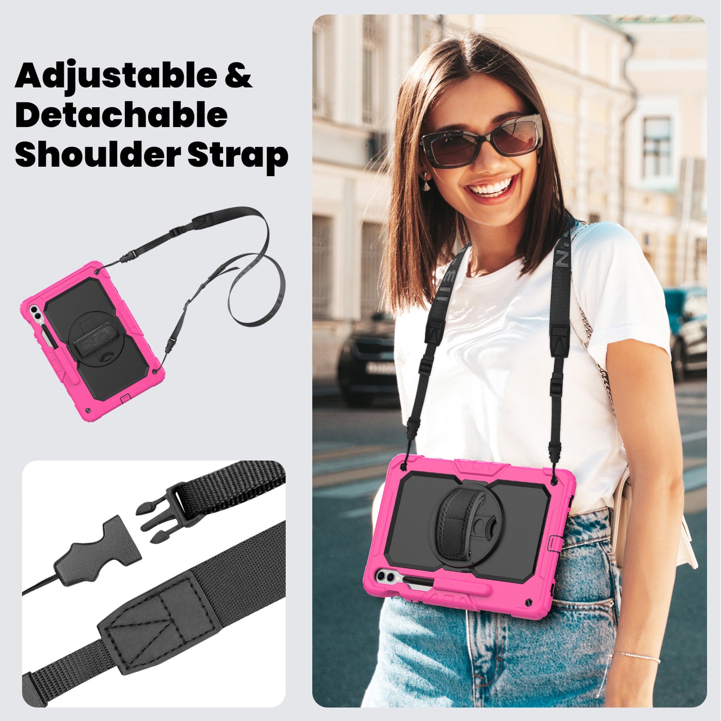 For Samsung Galaxy Tab S9 FE+ SM-X610 SM-X616B Tablet Cover PC+Silicone Case with PET Screen Protector and Kickstand - Black+Rose