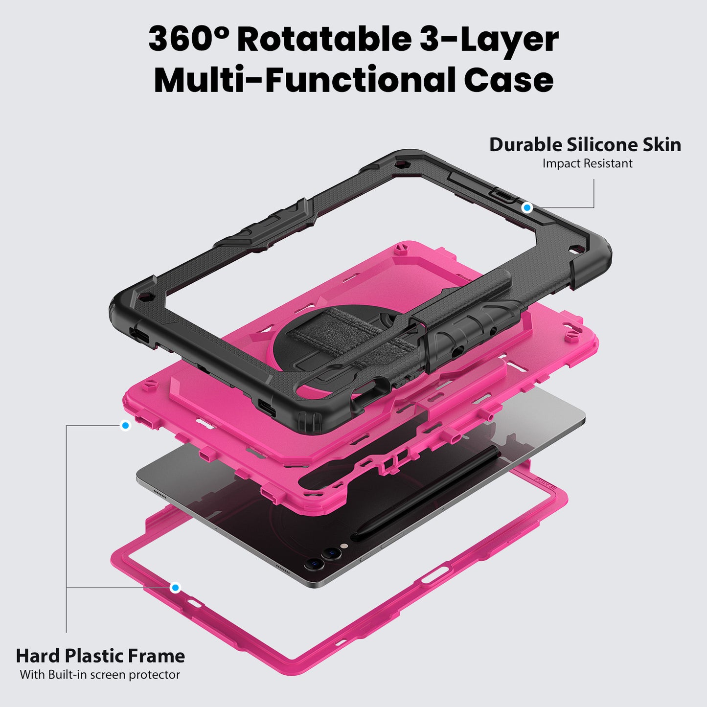 For Samsung Galaxy Tab S9 FE+ SM-X610 SM-X616B Tablet Cover PC+Silicone Case with PET Screen Protector and Kickstand - Rose +Black