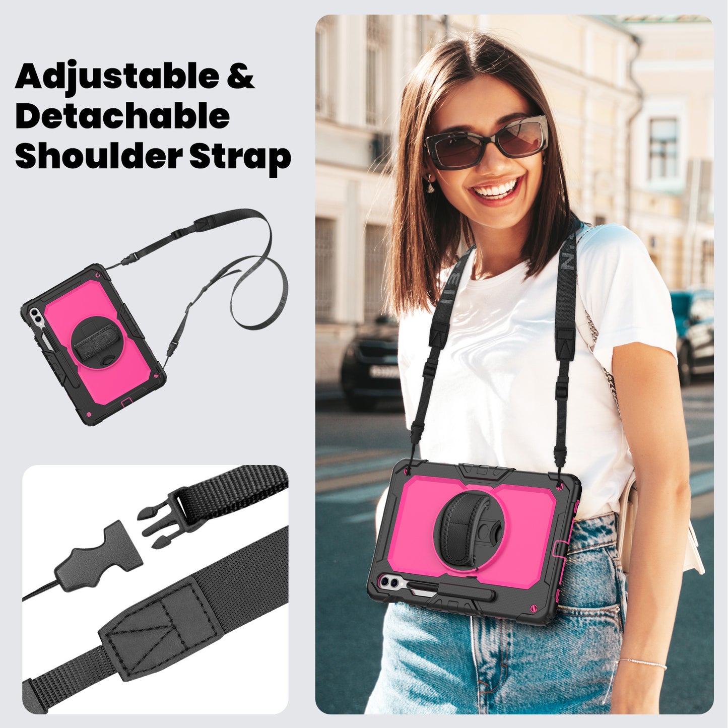 For Samsung Galaxy Tab S9 FE+ SM-X610 SM-X616B Tablet Cover PC+Silicone Case with PET Screen Protector and Kickstand - Rose +Black