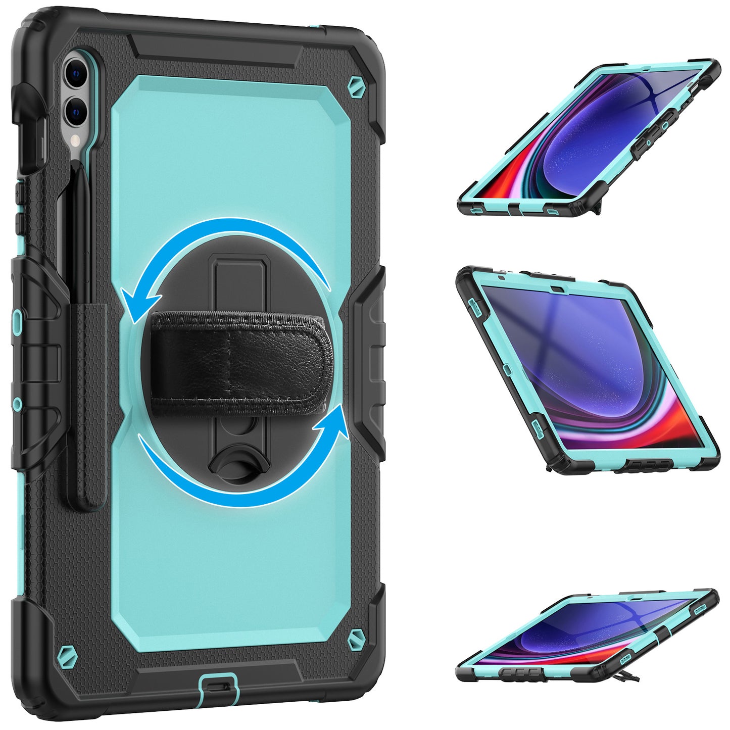 For Samsung Galaxy Tab S9 FE+ SM-X610 SM-X616B Tablet Cover PC+Silicone Case with PET Screen Protector and Kickstand -  Light Blue+Black