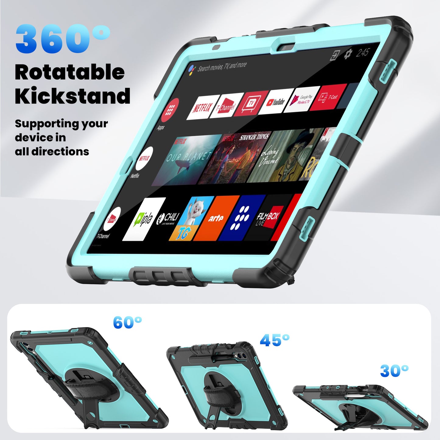 For Samsung Galaxy Tab S9 FE+ SM-X610 SM-X616B Tablet Cover PC+Silicone Case with PET Screen Protector and Kickstand -  Light Blue+Black