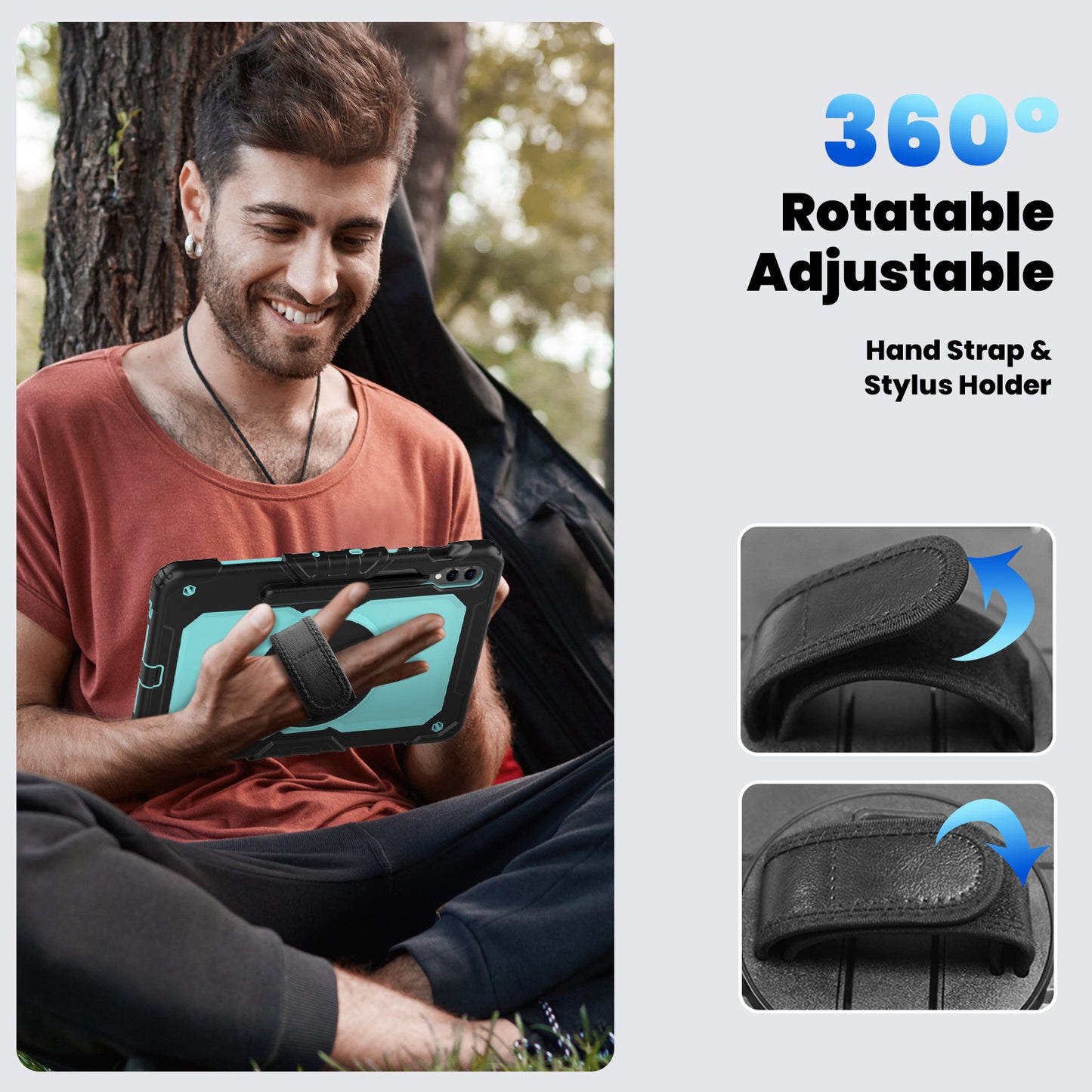 For Samsung Galaxy Tab S9 FE+ SM-X610 SM-X616B Tablet Cover PC+Silicone Case with PET Screen Protector and Kickstand -  Light Blue+Black