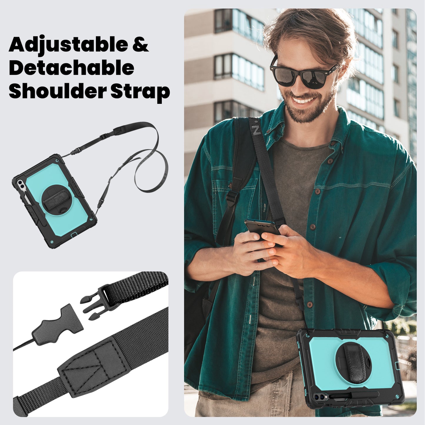 For Samsung Galaxy Tab S9 FE+ SM-X610 SM-X616B Tablet Cover PC+Silicone Case with PET Screen Protector and Kickstand -  Light Blue+Black