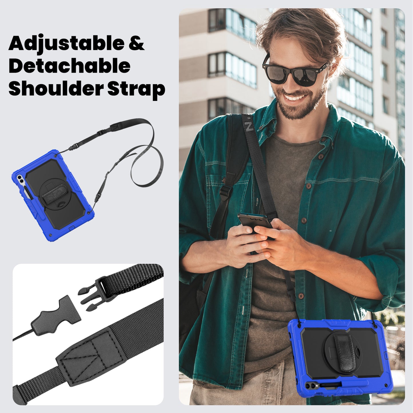 For Samsung Galaxy Tab S9 FE+ SM-X610 SM-X616B Tablet Cover PC+Silicone Case with PET Screen Protector and Kickstand - Black+Dark Blue