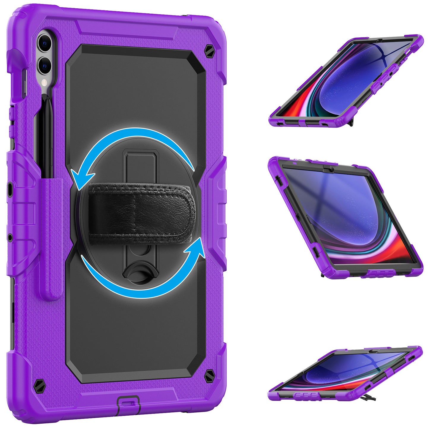 For Samsung Galaxy Tab S9 FE+ SM-X610 SM-X616B Tablet Cover PC+Silicone Case with PET Screen Protector and Kickstand - Black+Purple