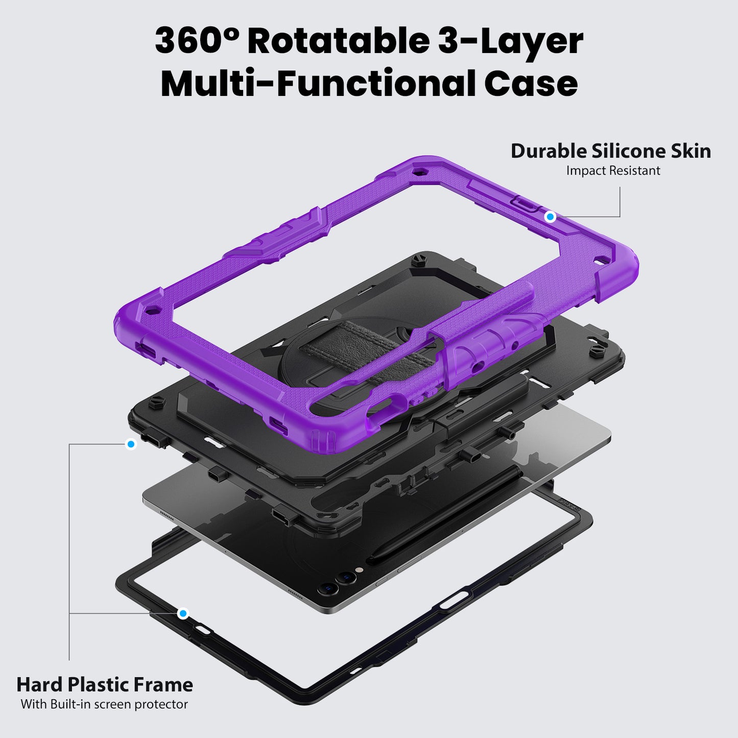 For Samsung Galaxy Tab S9 FE+ SM-X610 SM-X616B Tablet Cover PC+Silicone Case with PET Screen Protector and Kickstand - Black+Purple