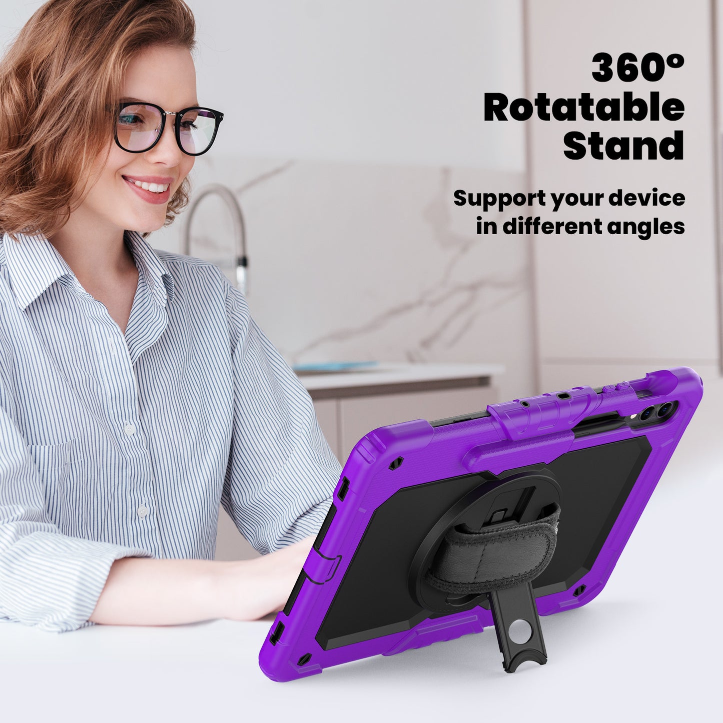 For Samsung Galaxy Tab S9 FE+ SM-X610 SM-X616B Tablet Cover PC+Silicone Case with PET Screen Protector and Kickstand - Black+Purple