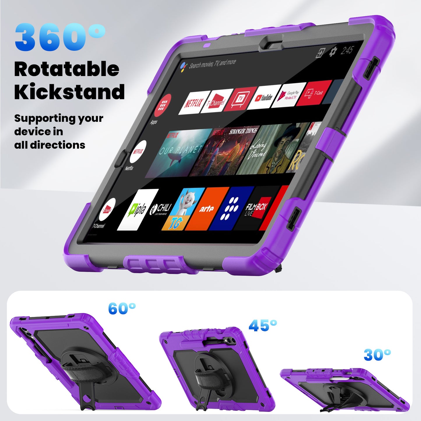 For Samsung Galaxy Tab S9 FE+ SM-X610 SM-X616B Tablet Cover PC+Silicone Case with PET Screen Protector and Kickstand - Black+Purple