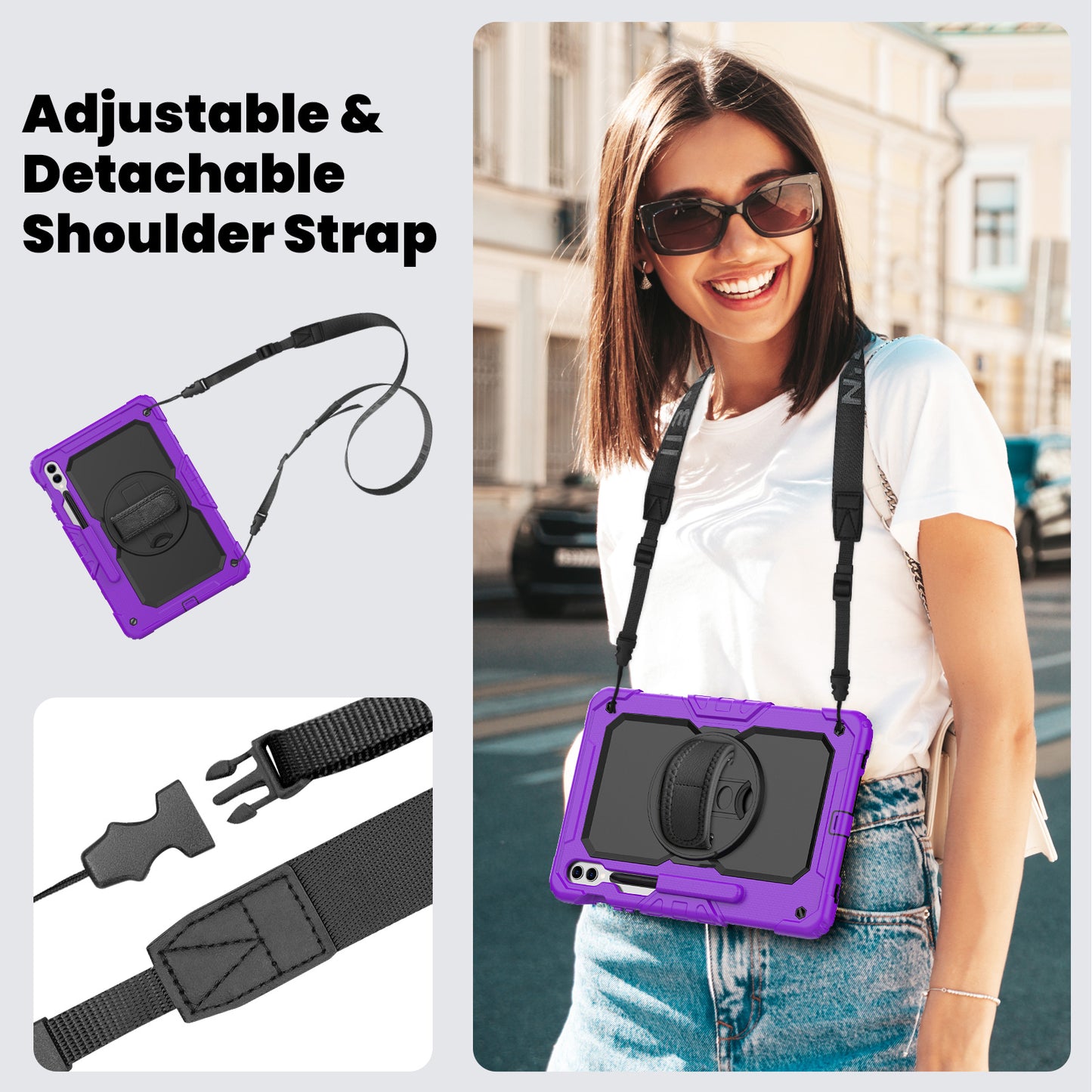 For Samsung Galaxy Tab S9 FE+ SM-X610 SM-X616B Tablet Cover PC+Silicone Case with PET Screen Protector and Kickstand - Black+Purple
