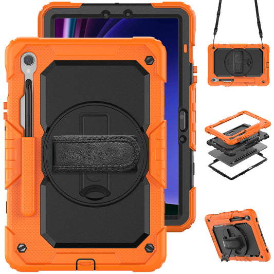 For Samsung Galaxy Tab S9 FE SM-X510 SM-X516B PC+Silicone Cover  Kickstand Tablet Case with PET Screen Protector and Hand Strap - Black+Orange