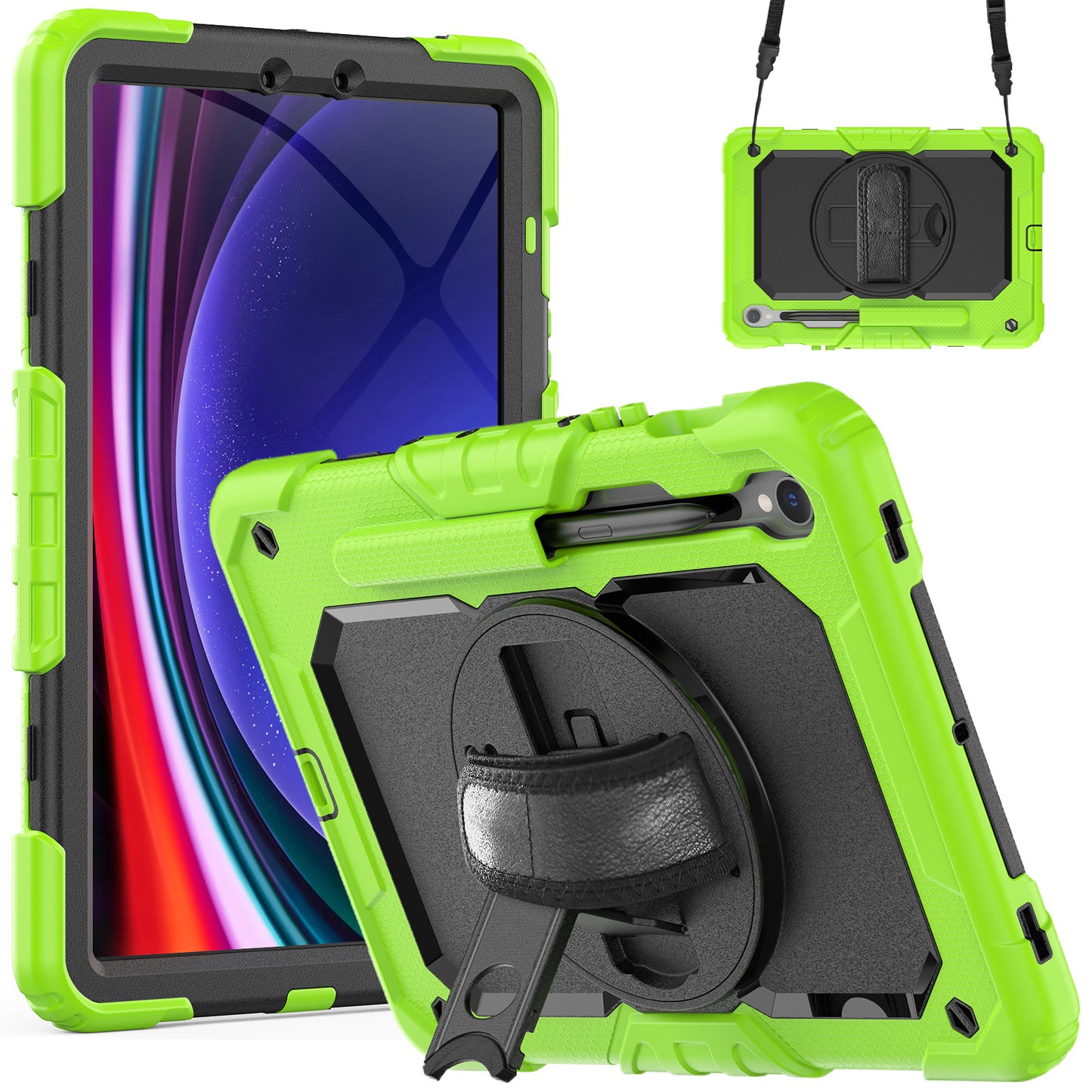 For Samsung Galaxy Tab S9 FE SM-X510 SM-X516B PC+Silicone Cover  Kickstand Tablet Case with PET Screen Protector and Hand Strap - Black+Yellow-green
