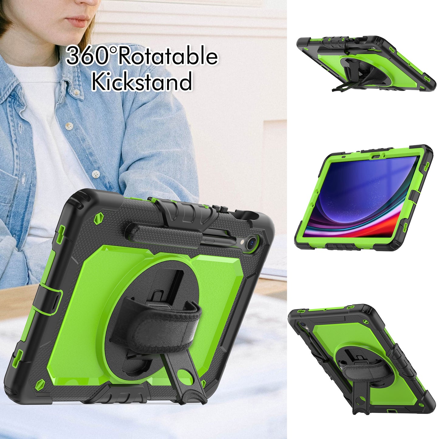 For Samsung Galaxy Tab S9 FE SM-X510 SM-X516B PC+Silicone Cover  Kickstand Tablet Case with PET Screen Protector and Hand Strap -  Yellow-green+Black