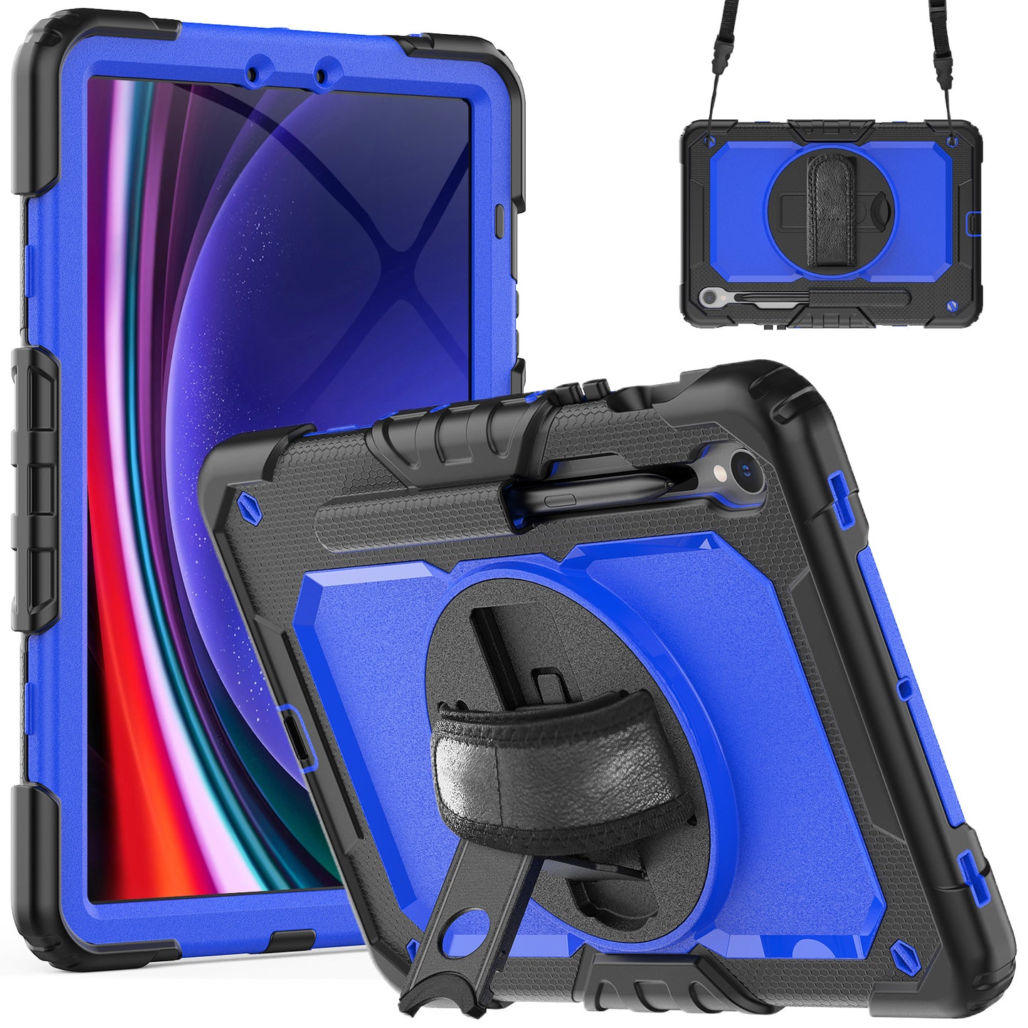 For Samsung Galaxy Tab S9 FE SM-X510 SM-X516B PC+Silicone Cover  Kickstand Tablet Case with PET Screen Protector and Hand Strap - Dark Blue+Black