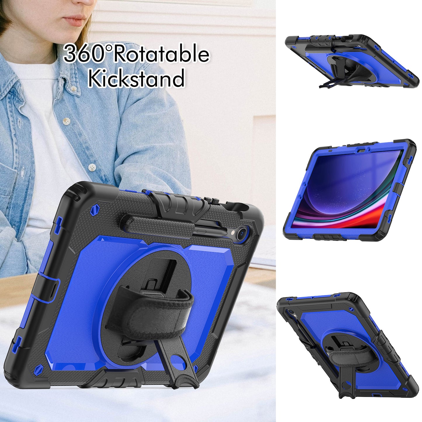 For Samsung Galaxy Tab S9 FE SM-X510 SM-X516B PC+Silicone Cover  Kickstand Tablet Case with PET Screen Protector and Hand Strap - Dark Blue+Black