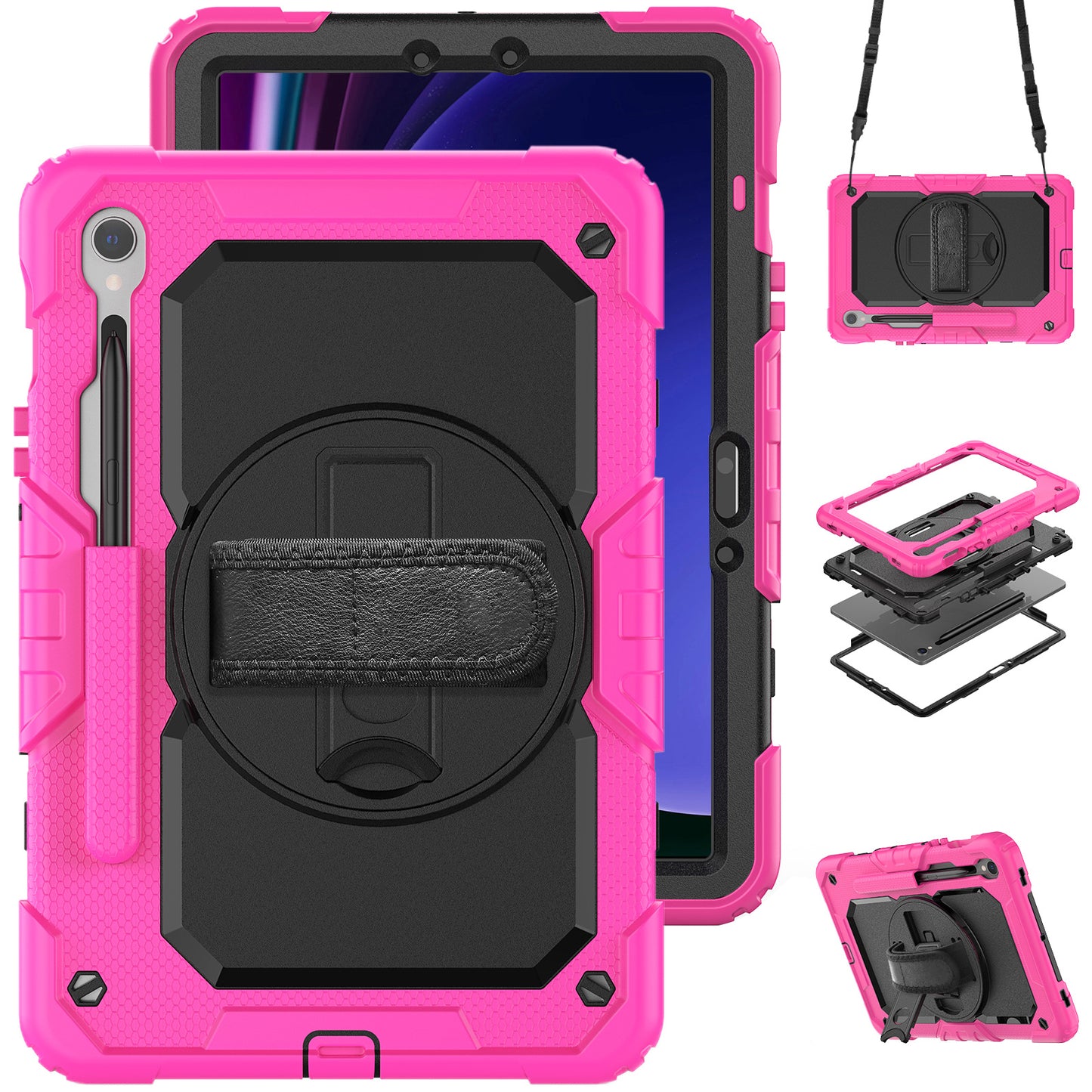 For Samsung Galaxy Tab S9 FE SM-X510 SM-X516B PC+Silicone Cover  Kickstand Tablet Case with PET Screen Protector and Hand Strap - Black+Rose