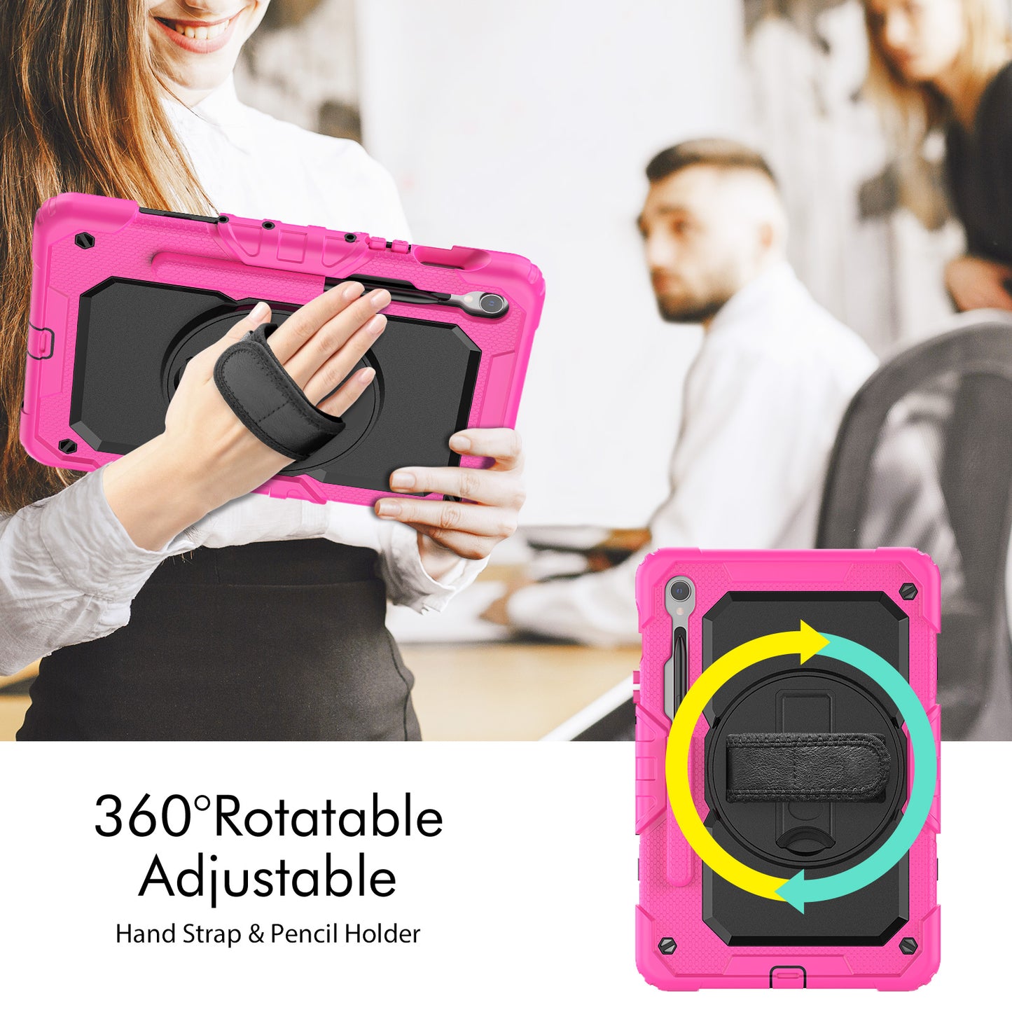 For Samsung Galaxy Tab S9 FE SM-X510 SM-X516B PC+Silicone Cover  Kickstand Tablet Case with PET Screen Protector and Hand Strap - Black+Rose