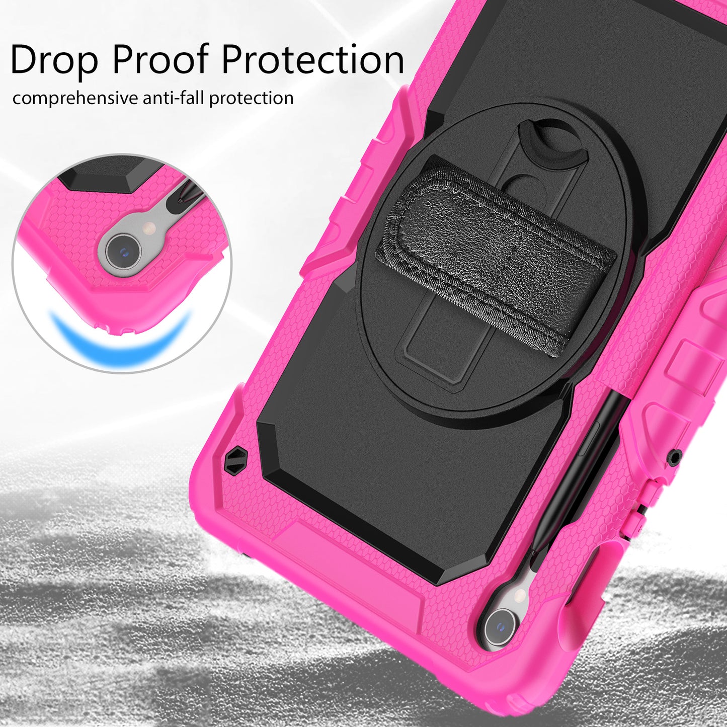 For Samsung Galaxy Tab S9 FE SM-X510 SM-X516B PC+Silicone Cover  Kickstand Tablet Case with PET Screen Protector and Hand Strap - Black+Rose