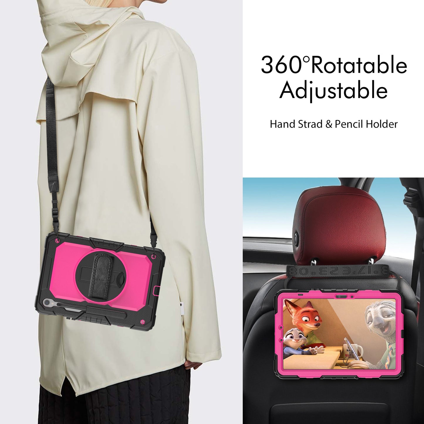 For Samsung Galaxy Tab S9 FE SM-X510 SM-X516B PC+Silicone Cover  Kickstand Tablet Case with PET Screen Protector and Hand Strap - Rose+Black