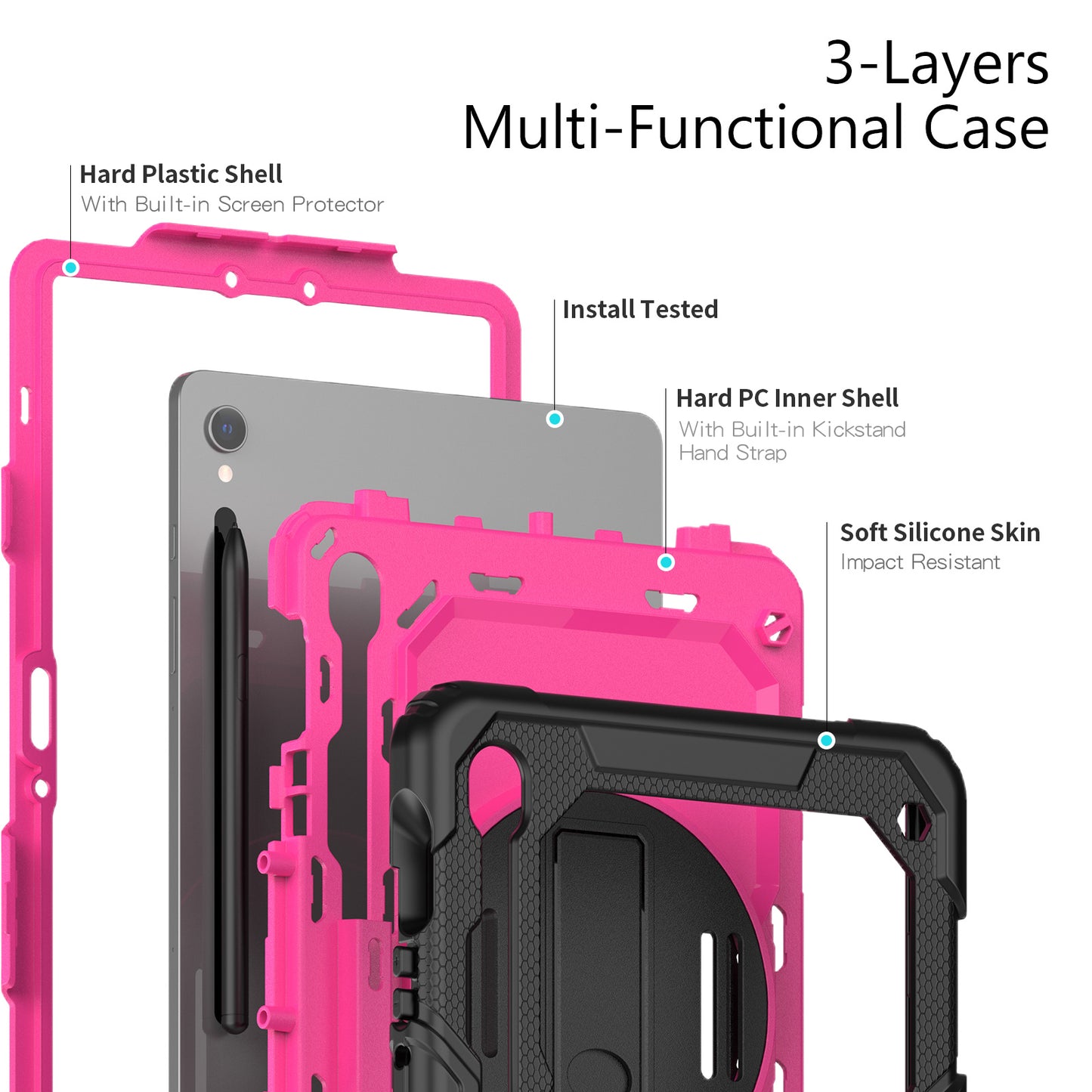 For Samsung Galaxy Tab S9 FE SM-X510 SM-X516B PC+Silicone Cover  Kickstand Tablet Case with PET Screen Protector and Hand Strap - Rose+Black