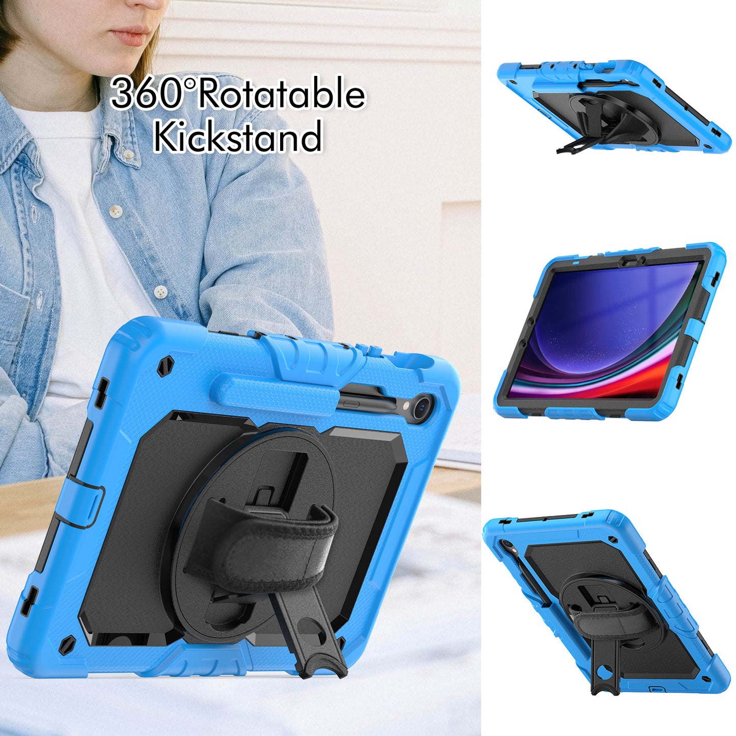 For Samsung Galaxy Tab S9 FE SM-X510 SM-X516B PC+Silicone Cover  Kickstand Tablet Case with PET Screen Protector and Hand Strap - Black+Blue