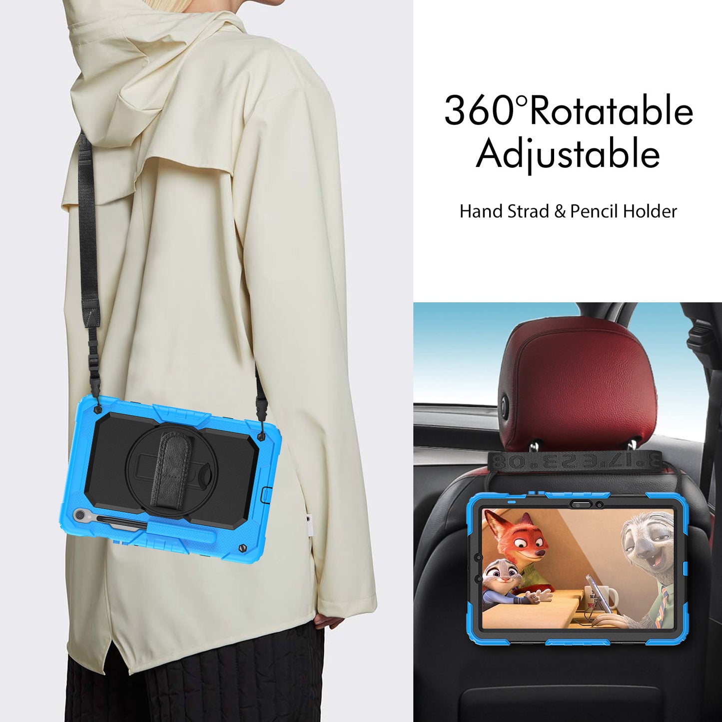 For Samsung Galaxy Tab S9 FE SM-X510 SM-X516B PC+Silicone Cover  Kickstand Tablet Case with PET Screen Protector and Hand Strap - Black+Blue