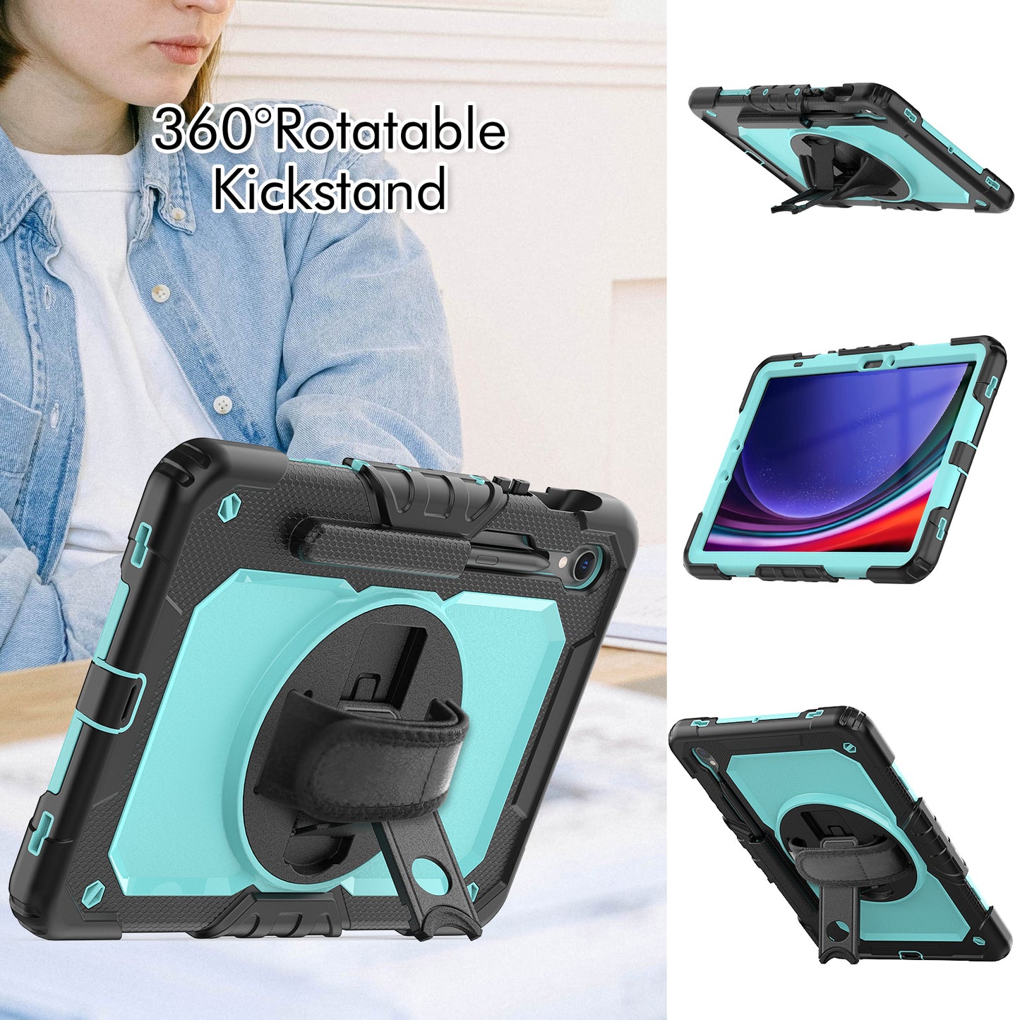 For Samsung Galaxy Tab S9 FE SM-X510 SM-X516B PC+Silicone Cover  Kickstand Tablet Case with PET Screen Protector and Hand Strap -  Light Blue+Black