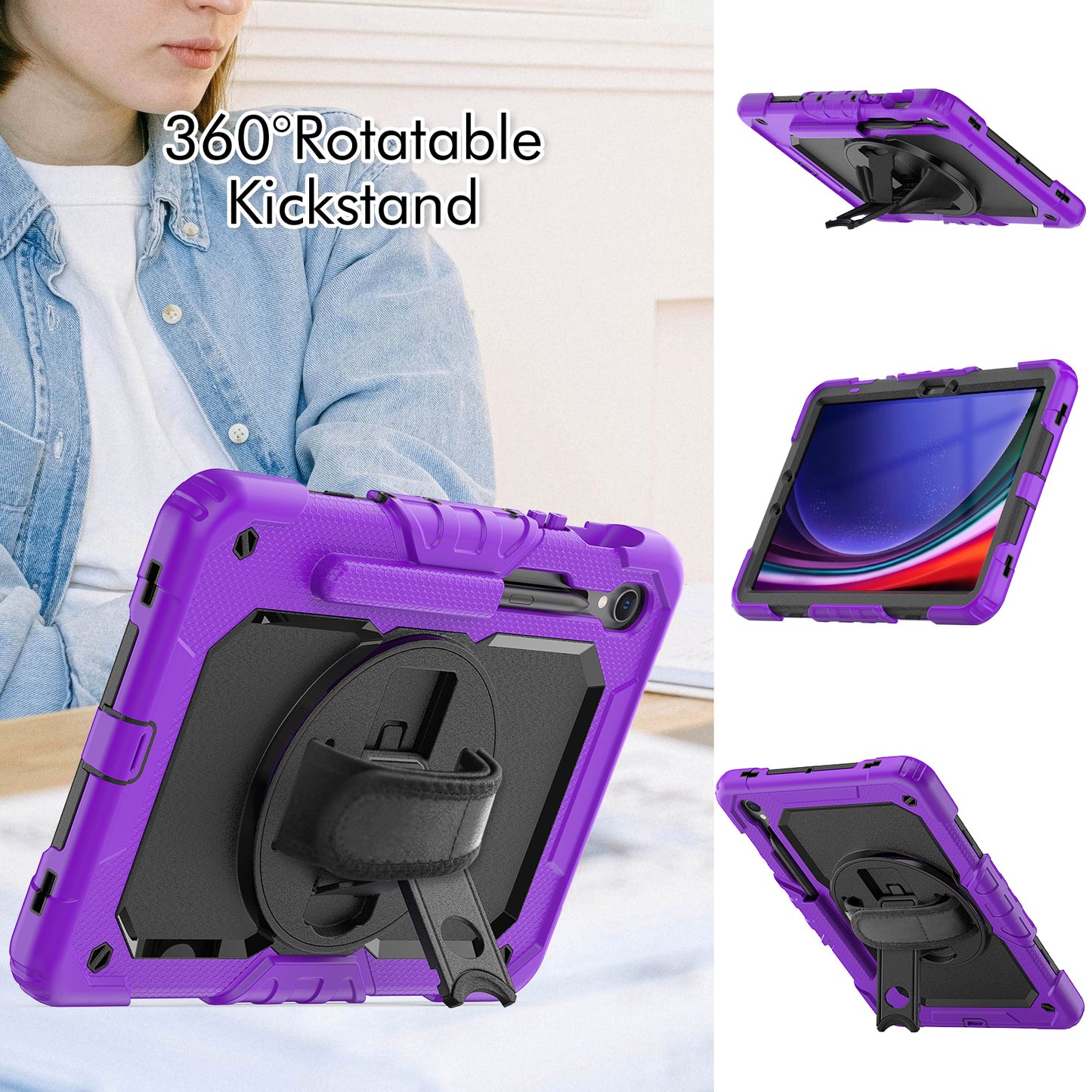 For Samsung Galaxy Tab S9 FE SM-X510 SM-X516B PC+Silicone Cover  Kickstand Tablet Case with PET Screen Protector and Hand Strap - Black+Purple