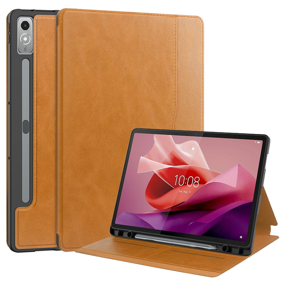 For Lenovo Tab P12 Stand Protective Cover PU Leather Wallet Tablet Case with Pencil Holder - Brown