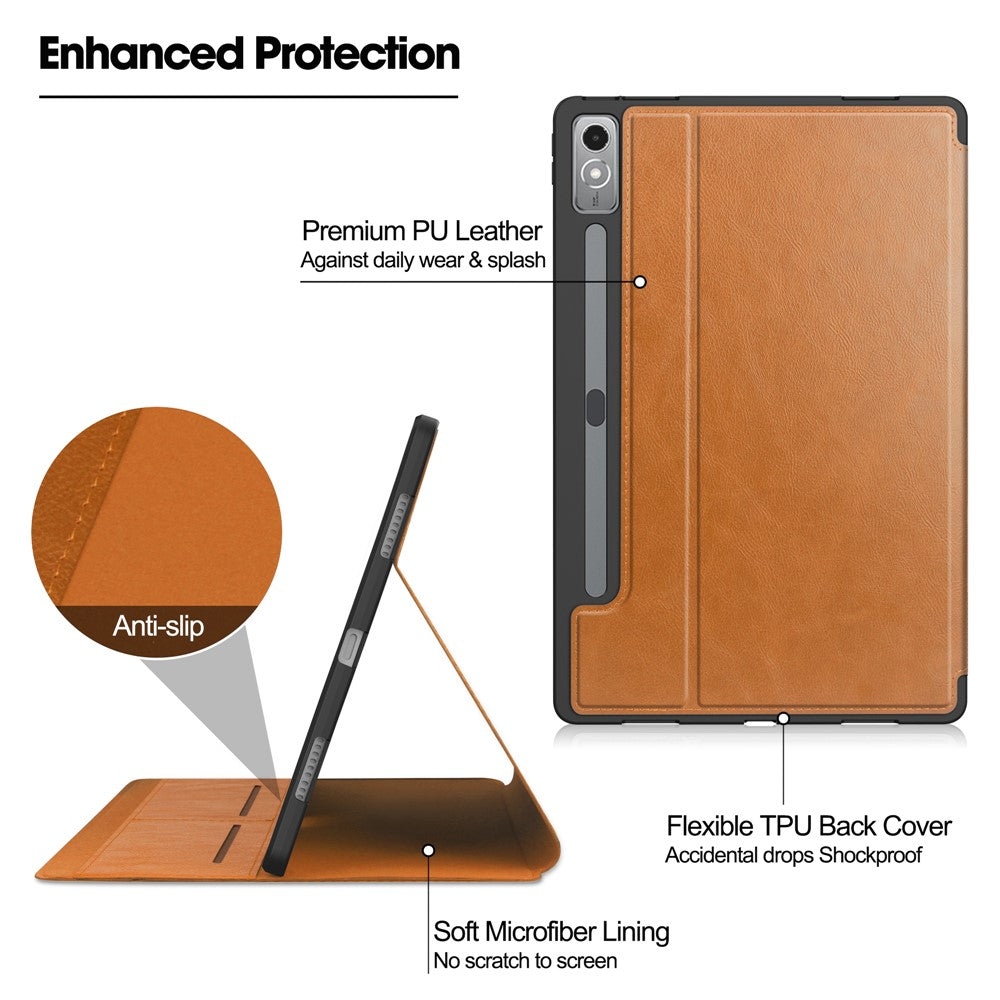 For Lenovo Tab P12 Stand Protective Cover PU Leather Wallet Tablet Case with Pencil Holder - Brown