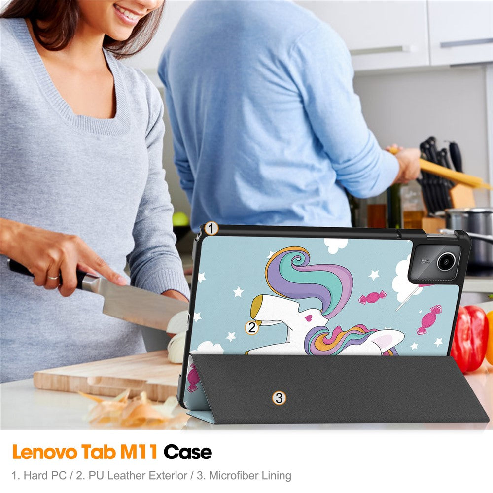 For Lenovo Tab M11 / Xiaoxin Pad 11 2024 Case Trifold Stand Pattern Printing Tablet Leather Cover - Horse
