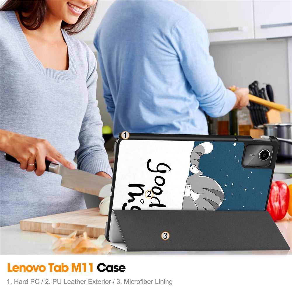 For Lenovo Tab M11 / Xiaoxin Pad 11 2024 Case Trifold Stand Pattern Printing Tablet Leather Cover - Cat