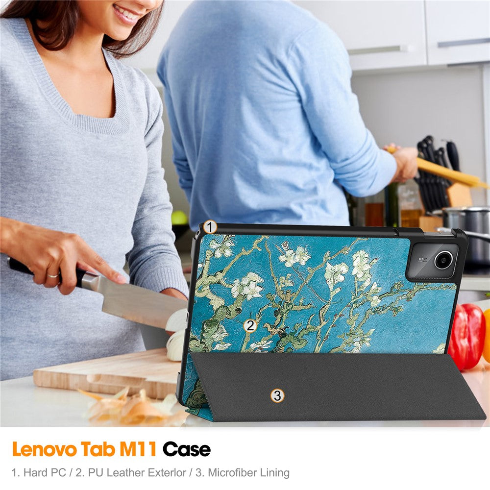 For Lenovo Tab M11 / Xiaoxin Pad 11 2024 Case Trifold Stand Pattern Printing Tablet Leather Cover - Apricot Blossom