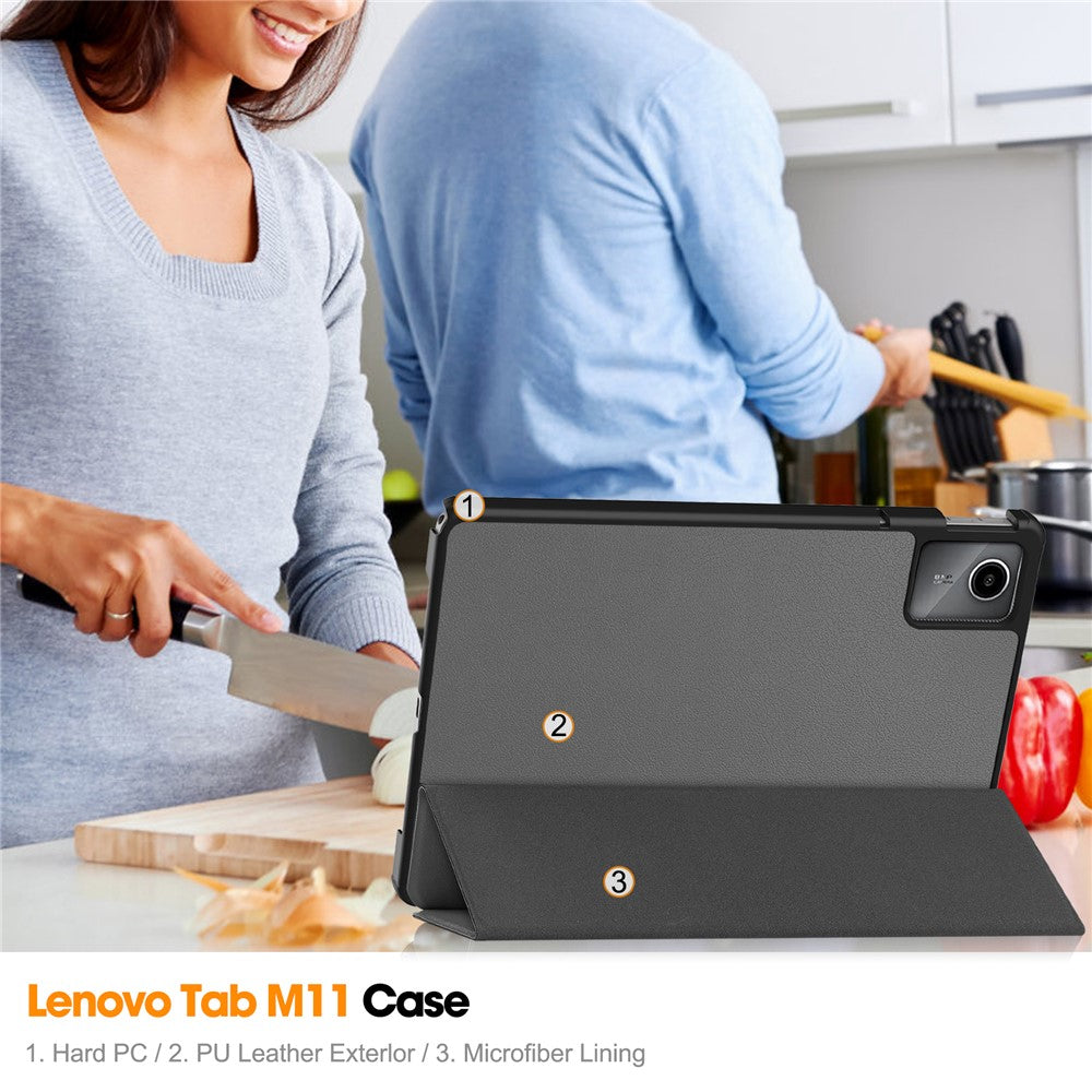 For Lenovo Tab M11 / Xiaoxin Pad 11 2024 Case Tri-fold Stand PU Leather+PC Tablet Cover - Grey