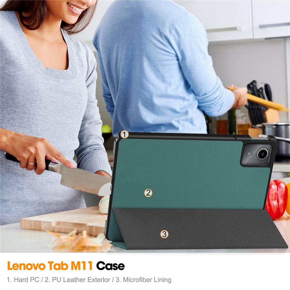 For Lenovo Tab M11 / Xiaoxin Pad 11 2024 Case Tri-fold Stand PU Leather+PC Tablet Cover - Blackish Green