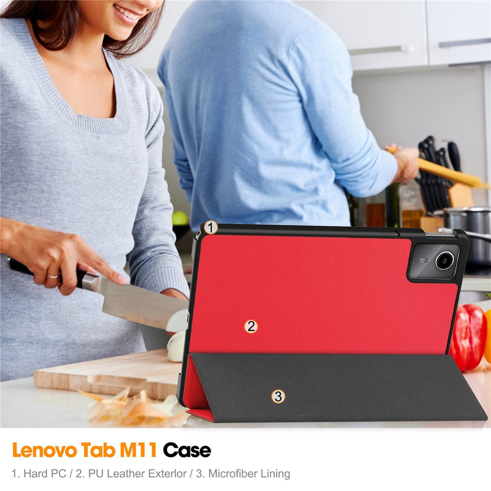 For Lenovo Tab M11 / Xiaoxin Pad 11 2024 Case Tri-fold Stand PU Leather+PC Tablet Cover - Red